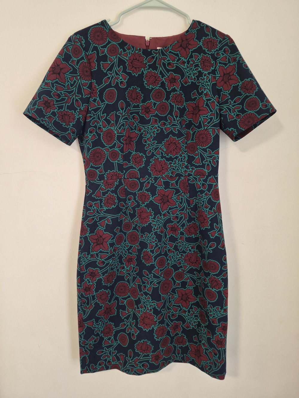 J. Crew Teal and Burgundy Floral Short-Sleeve Sheath Dress
